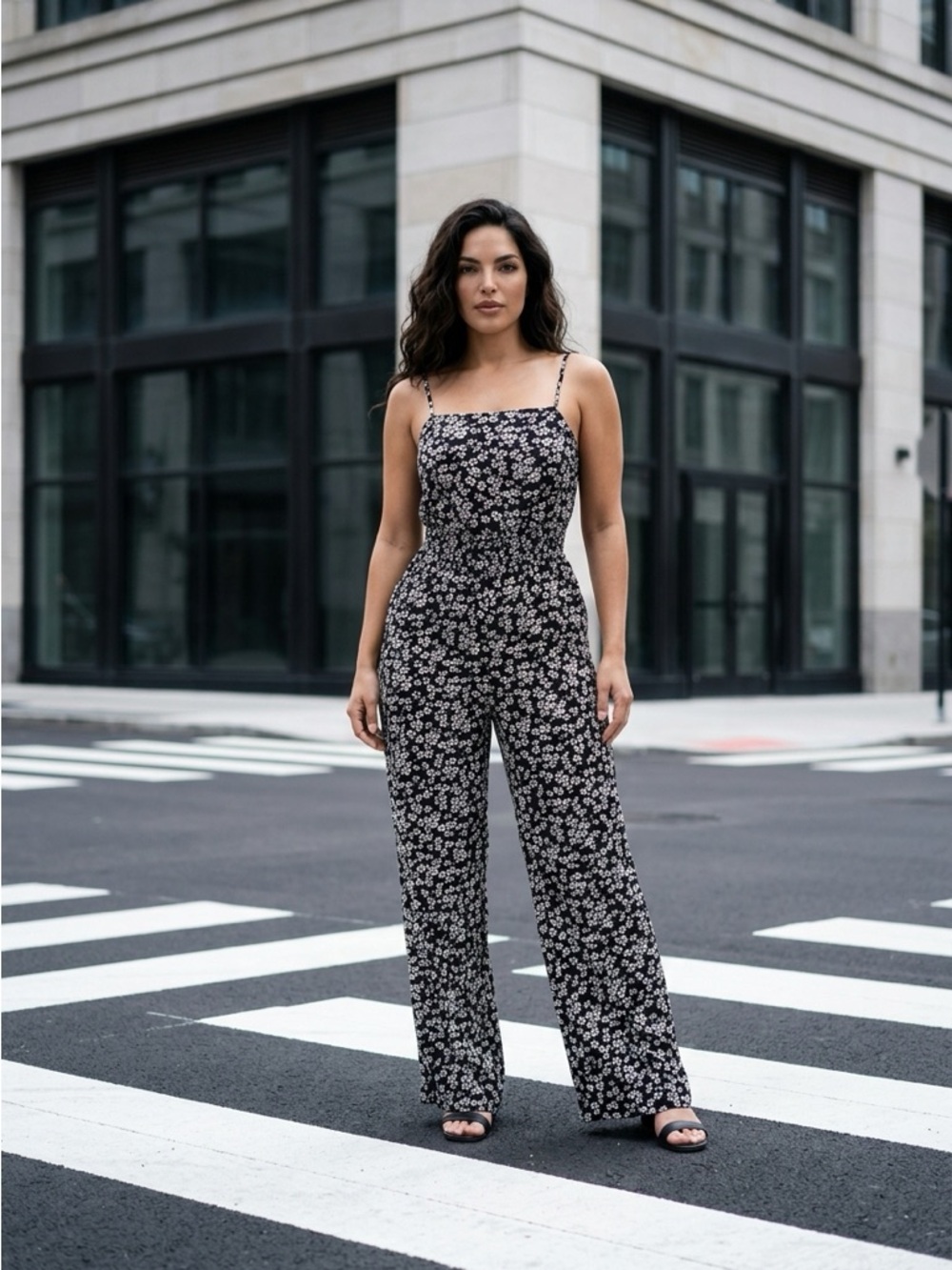 Black Floral Wide-Leg Jumpsuit with Spaghetti Straps